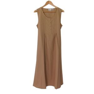 NEW Womens Cotton Pintuck Dress‎ Long Tie Beige Sleeveless Modest Size Medium